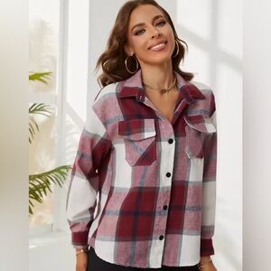 SHEIN Burgundy and White Plaid Button-Down Long Sleeve Shirt